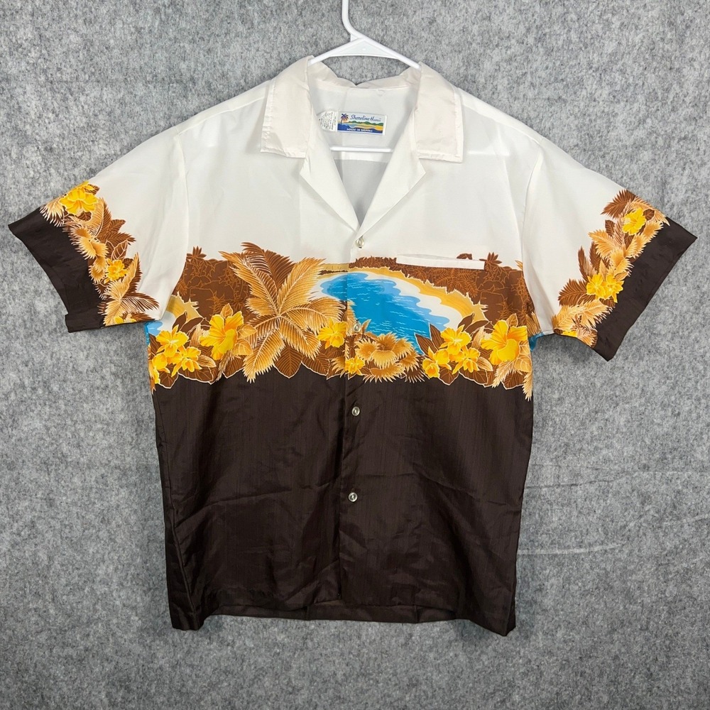 Shoreline Hawaii Men's Tropical Island Palm Tree‎ Aloha Shirt Brown White Medium
